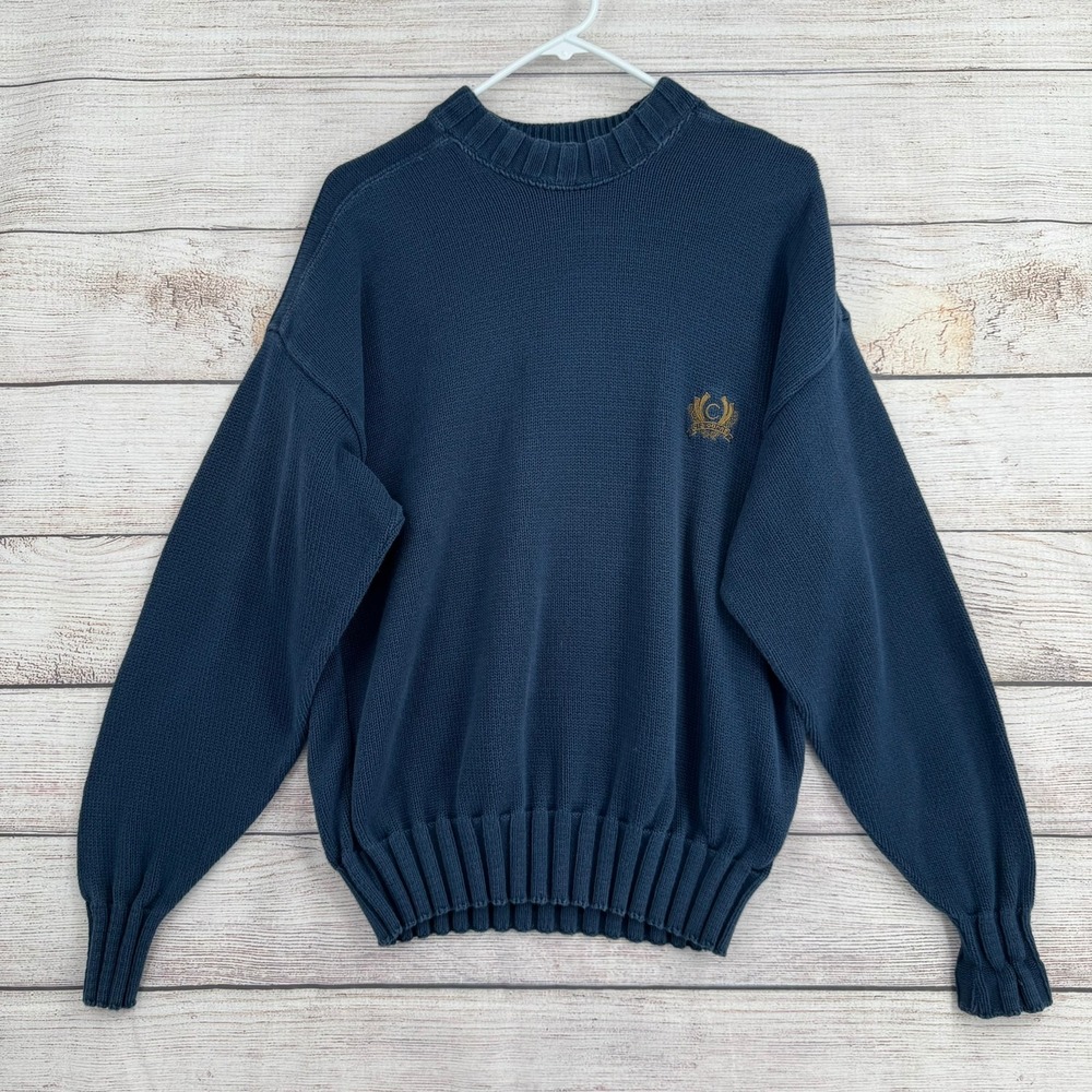 Vintage Claiborne Sweater Men M Navy Blue Cotton Embroidered Crest Crew Neck USA